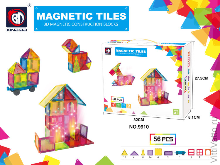 Магнитный конструктор Magnetic Tiles, 56 детали в наборе